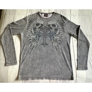 VTG Y2K MMA Elite long sleeve thermal waffle shirt mens cross skulls XL gray
